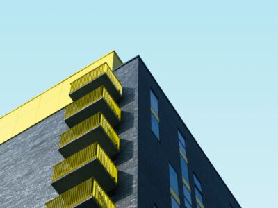 Modern apartment block with yellow balconies